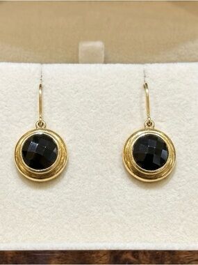 ELLE Sterling Silver 925 Gold Vermeil Faceted Black Onyx Leverback Earrings